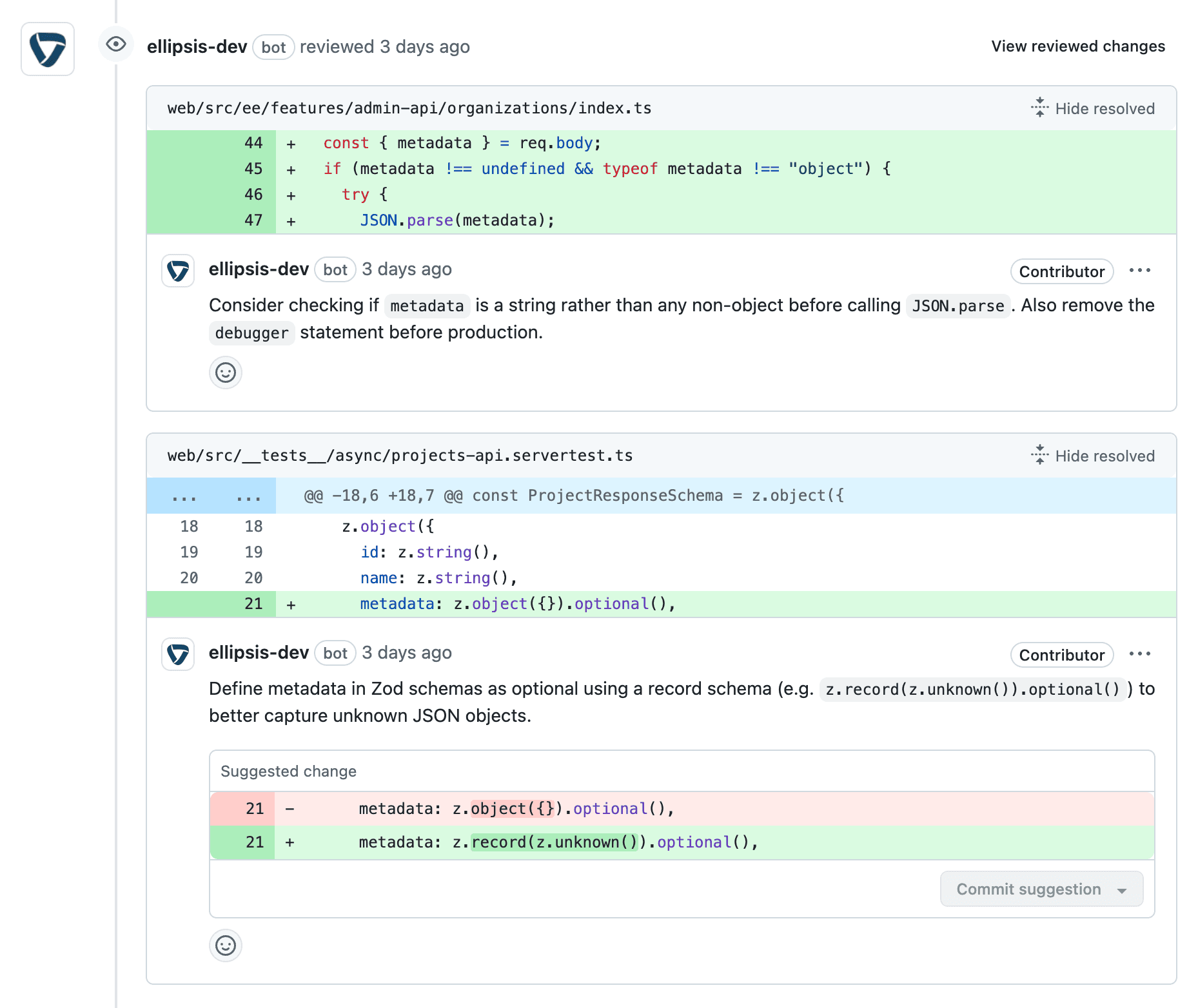 Example review comments on a PR created by
Ellipsis